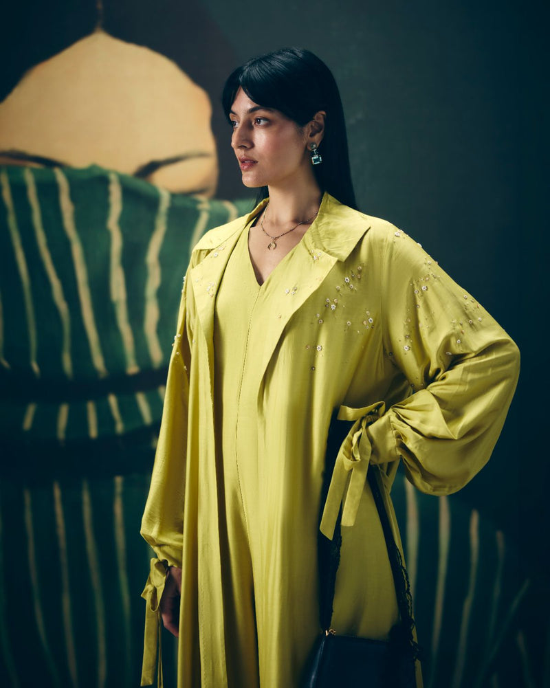 KIRA JUMPSUIT SET silk by Paulmi & Harsh in yellow color for women Worldwide