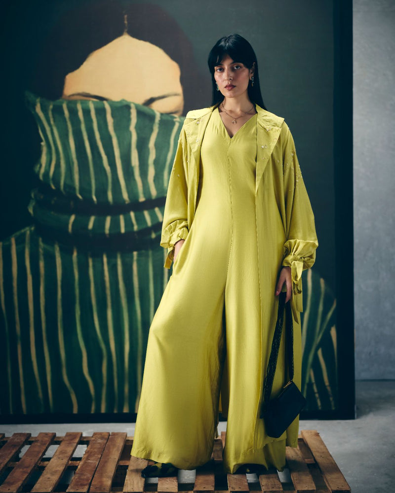 KIRA JUMPSUIT SET silk by Paulmi & Harsh in yellow color for women Worldwide