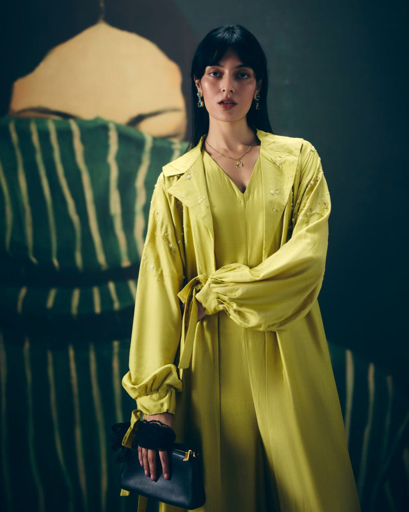 KIRA JUMPSUIT SET silk by Paulmi & Harsh in yellow color for women Worldwide