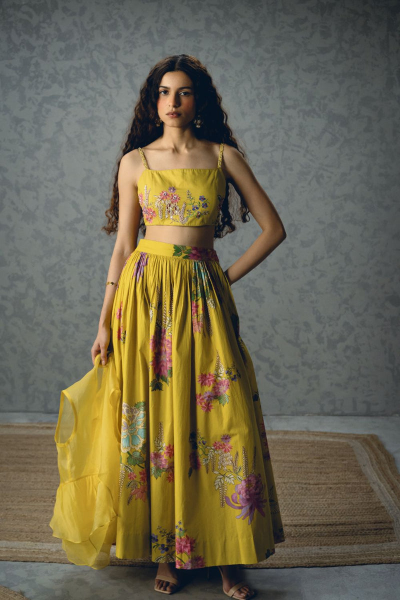 ALINA SKIRT SET-YELLOW poplin by Paulmi & Harsh in yellow color for women Worldwide