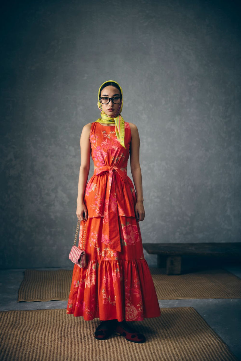 SELORA DRESS-RUST ORANGE poplin by Paulmi & Harsh in rust color for women Worldwide