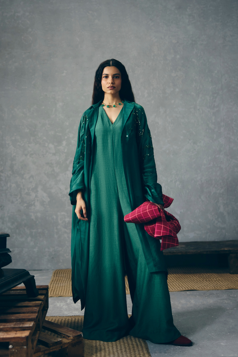 WASABI JUMPSUIT SET organza by Paulmi & Harsh in green color for women Worldwide