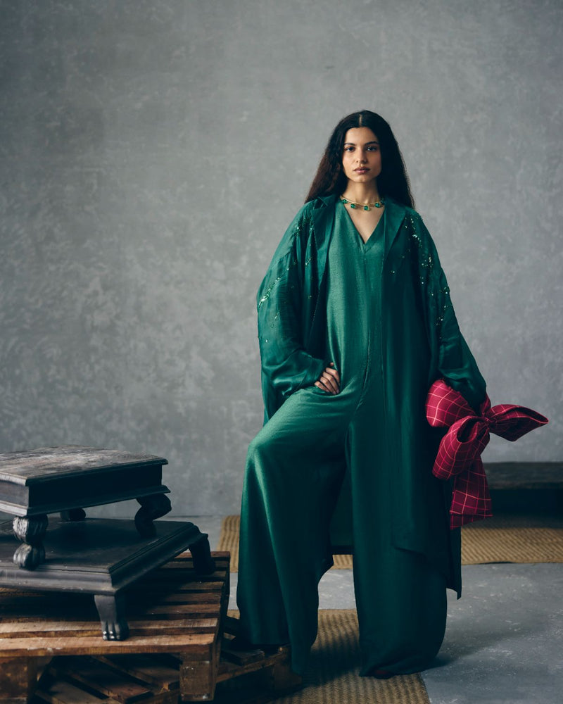 WASABI JUMPSUIT SET organza by Paulmi & Harsh in green color for women Worldwide