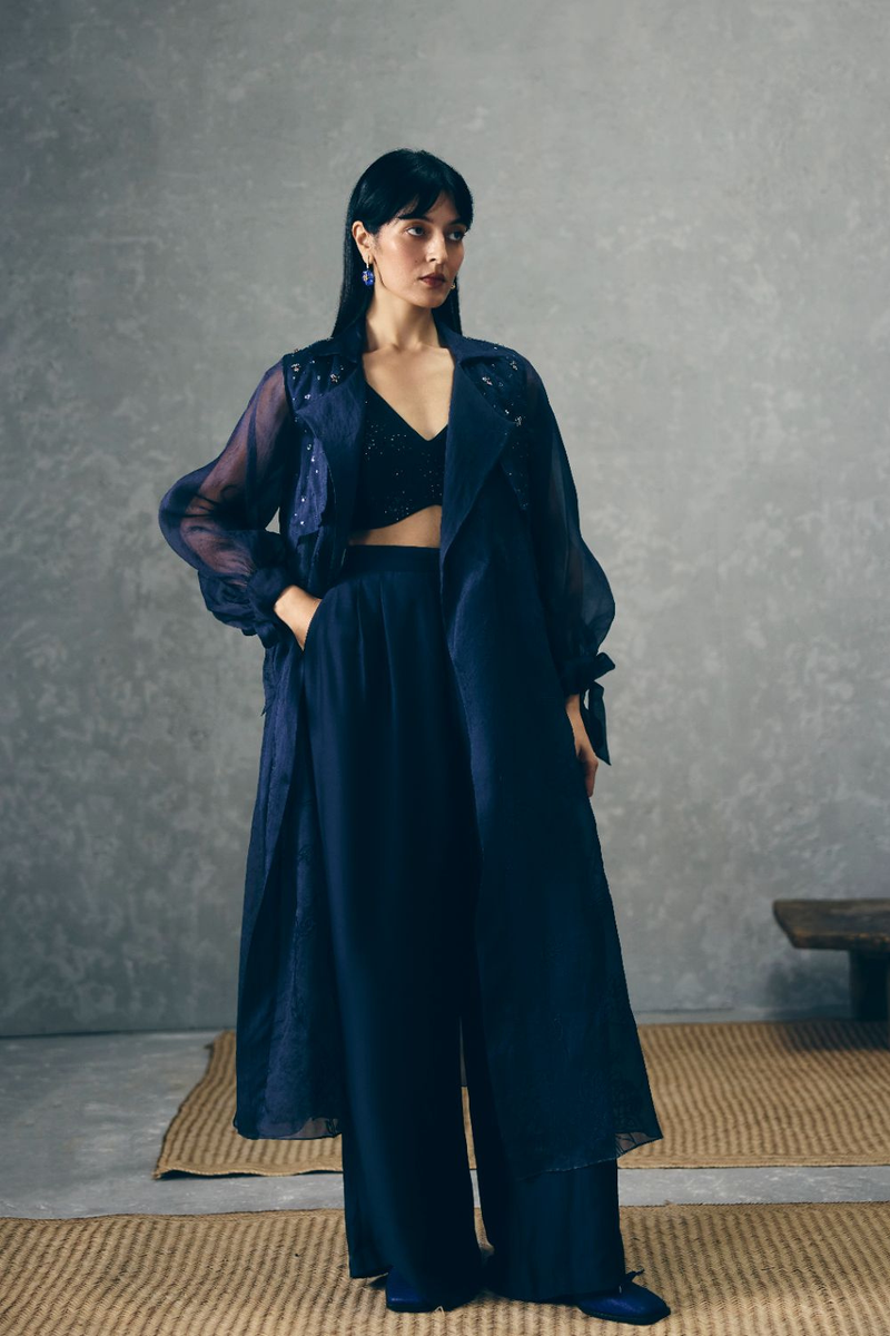 NAMI JACKET SET- NAVY BLUE organza by Paulmi & Harsh in blue color for women Worldwide