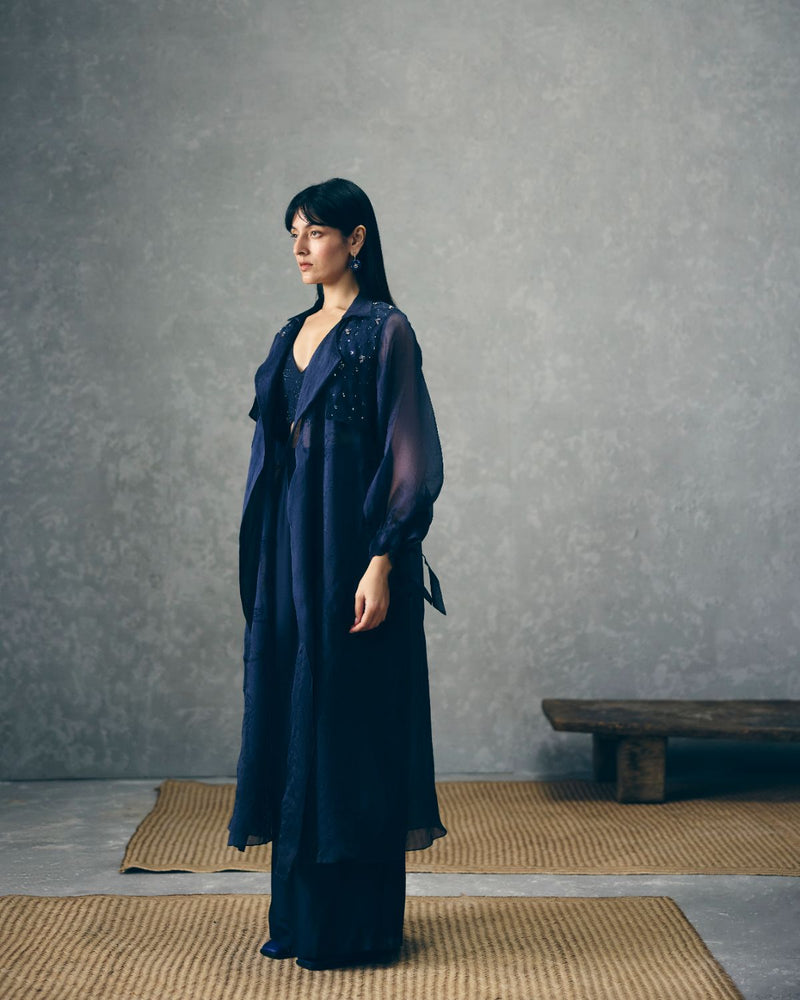 NAMI JACKET SET- NAVY BLUE organza by Paulmi & Harsh in blue color for women Worldwide