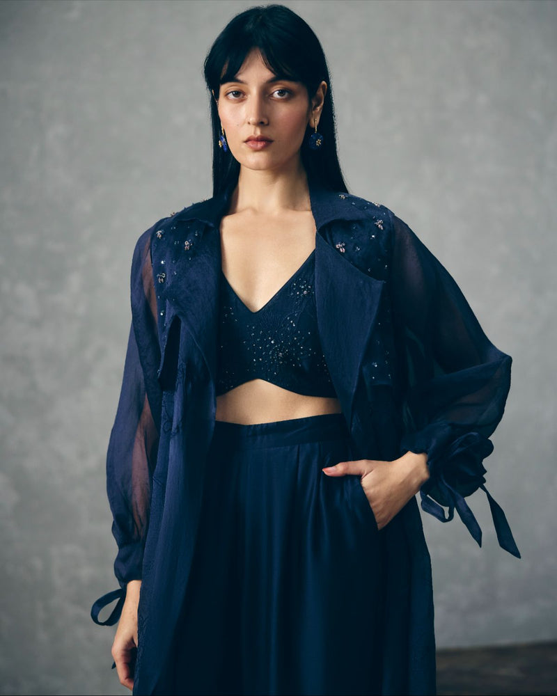 NAMI JACKET SET- NAVY BLUE organza by Paulmi & Harsh in blue color for women Worldwide