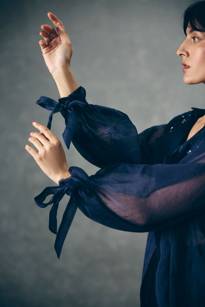 NAMI JACKET SET- NAVY BLUE organza by Paulmi & Harsh in blue color for women Worldwide