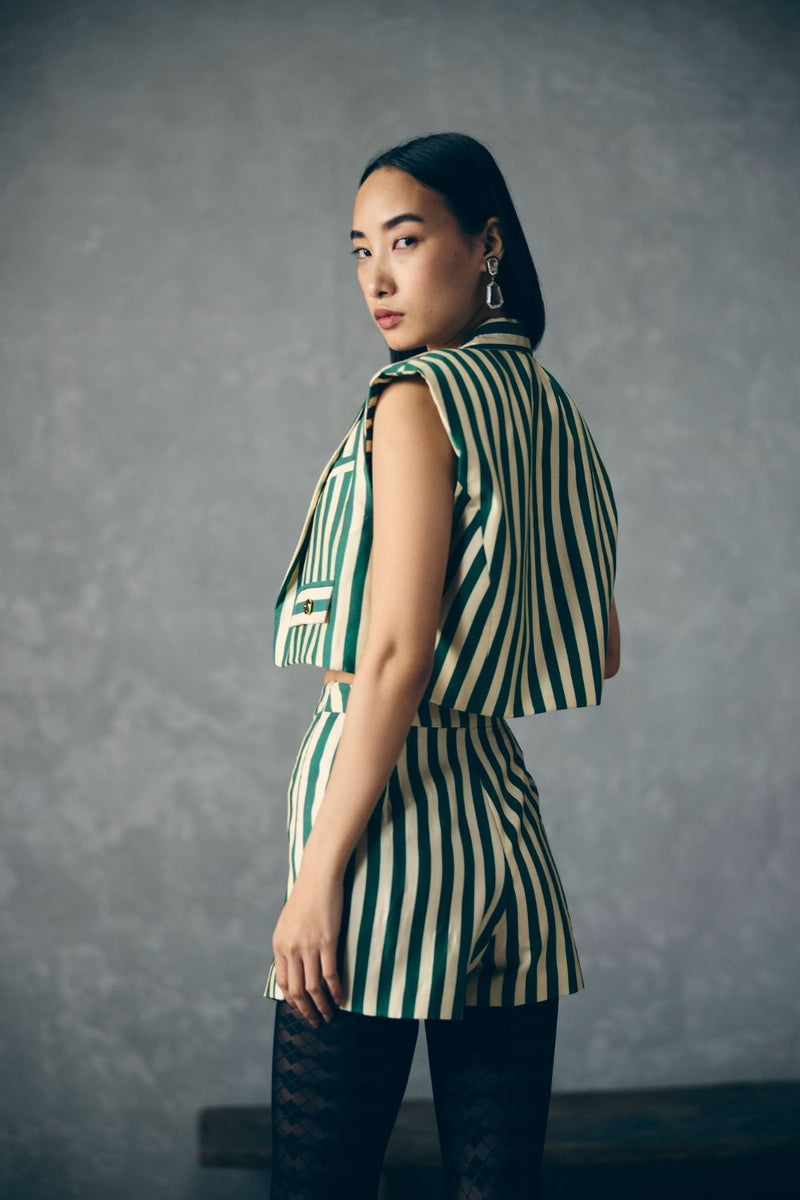 MORI SKORT SET silk by Paulmi & Harsh in green color for women Worldwide