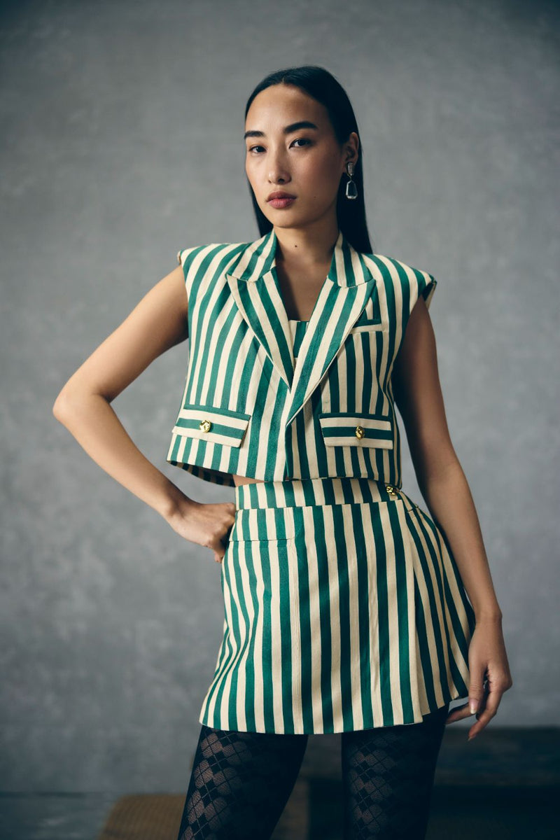 MORI SKORT SET silk by Paulmi & Harsh in green color for women Worldwide