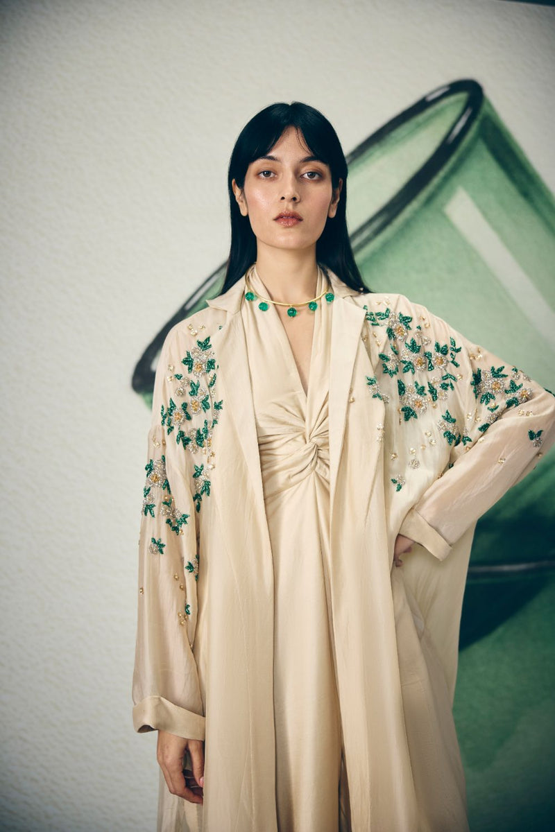 SHINJU JUMPSUIT SET- IVORY organza by Paulmi & Harsh in ivory color for women Worldwide