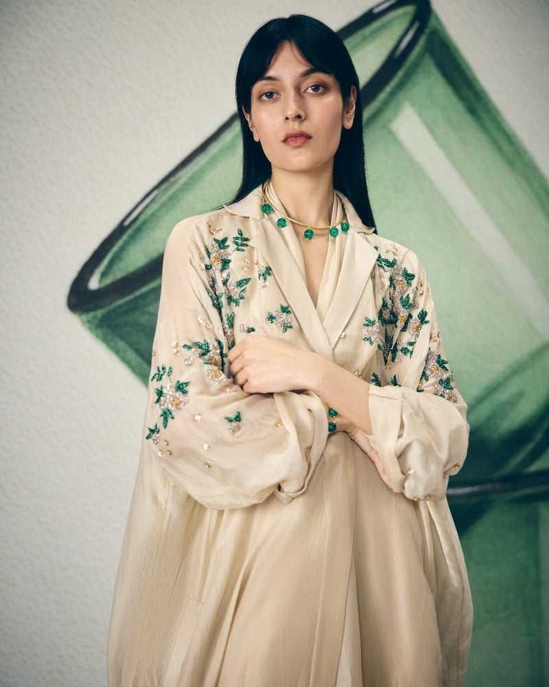 SHINJU JUMPSUIT SET- IVORY organza by Paulmi & Harsh in ivory color for women Worldwide