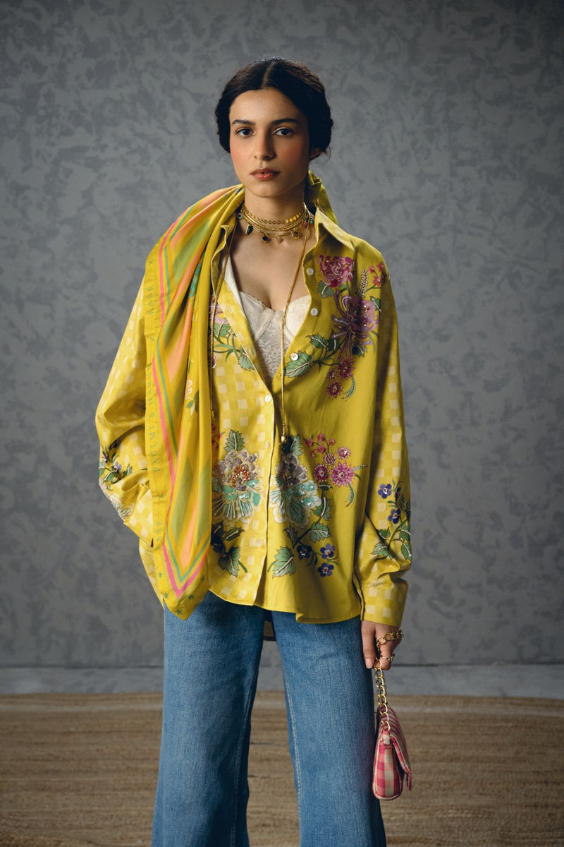 JADE SHIRT- YELLOW satin by Paulmi & Harsh in yellow color for women Worldwide