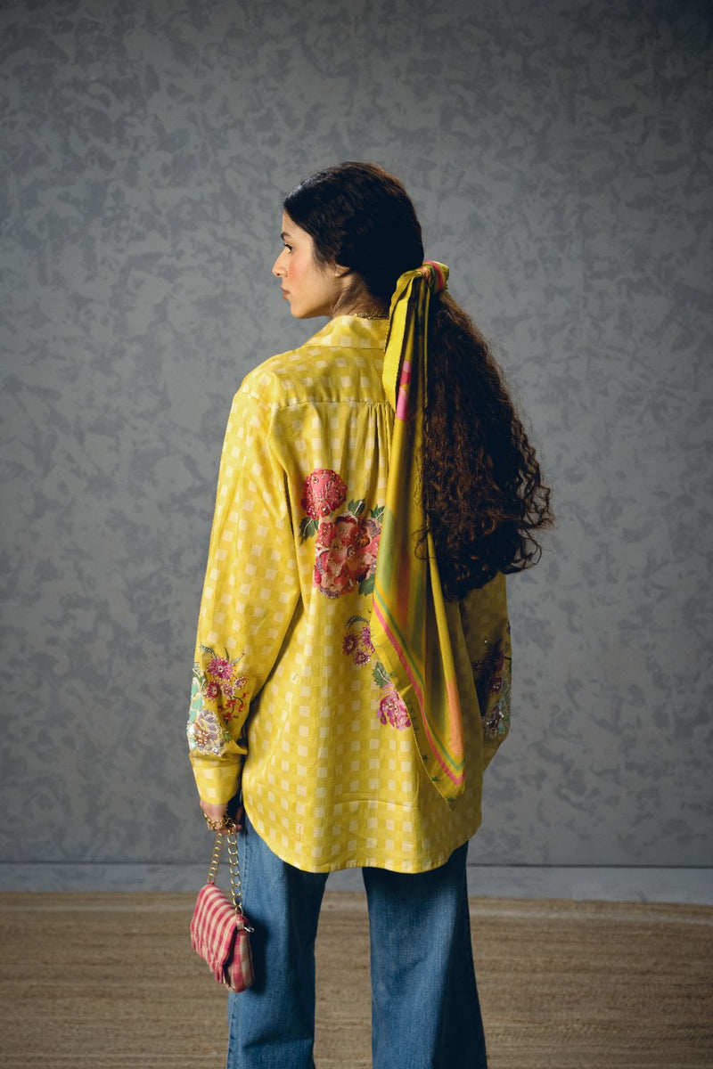 JADE SHIRT- YELLOW satin by Paulmi & Harsh in yellow color for women Worldwide