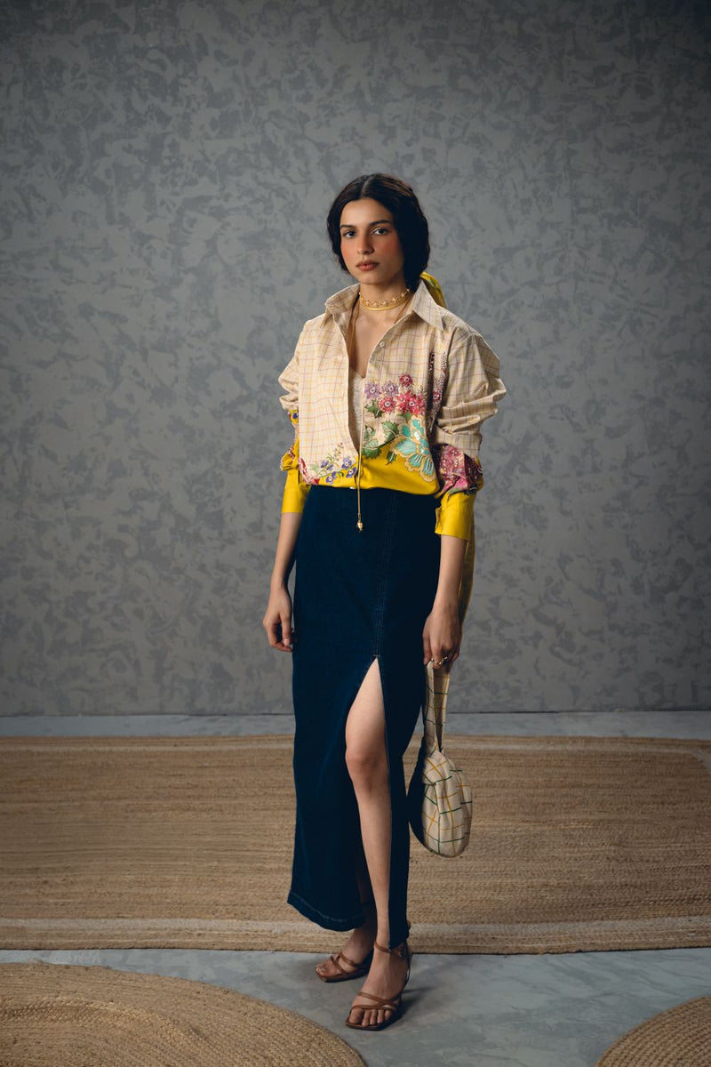 JADE SHIRT- IVORY satin by Paulmi & Harsh in yellow color for women Worldwide