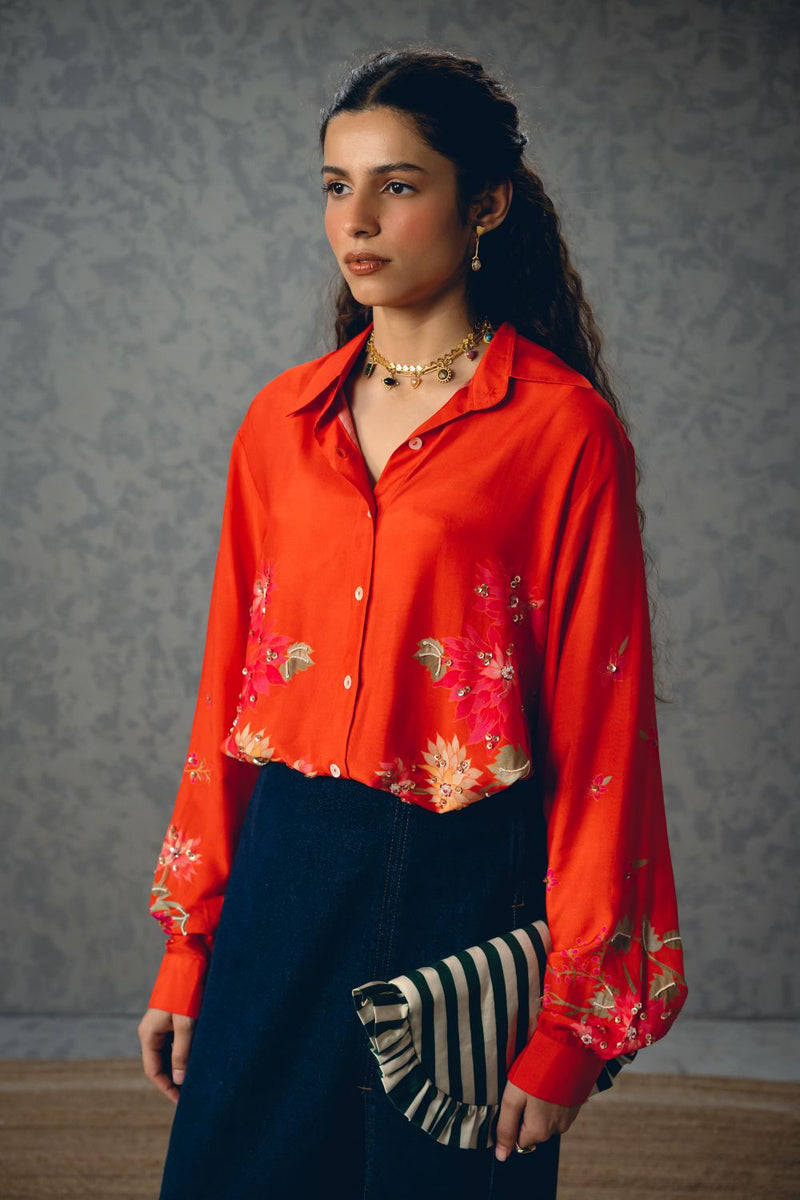 JADE SHIRT- ORANGE silk by Paulmi & Harsh in orange color for women Worldwide