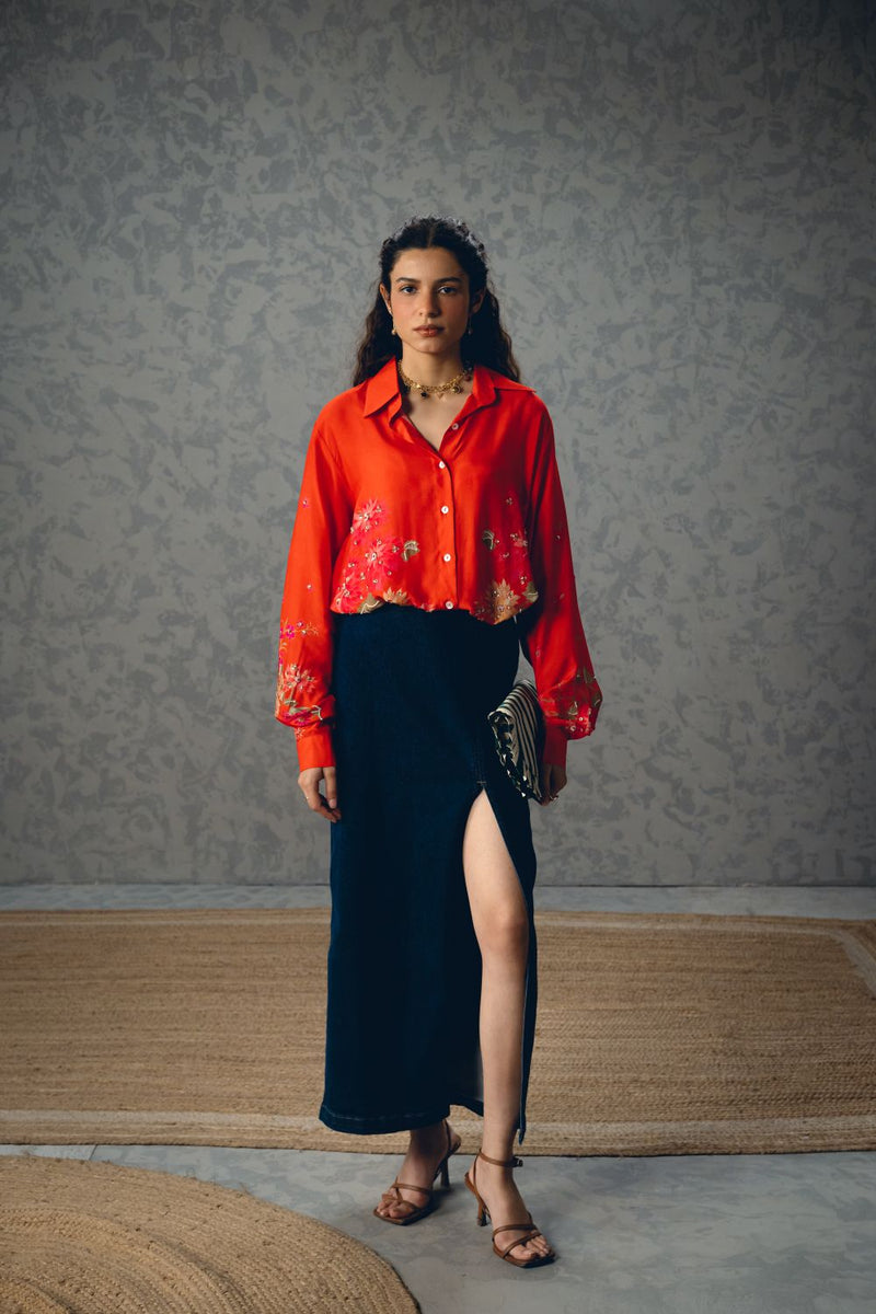 JADE SHIRT- ORANGE silk by Paulmi & Harsh in orange color for women Worldwide