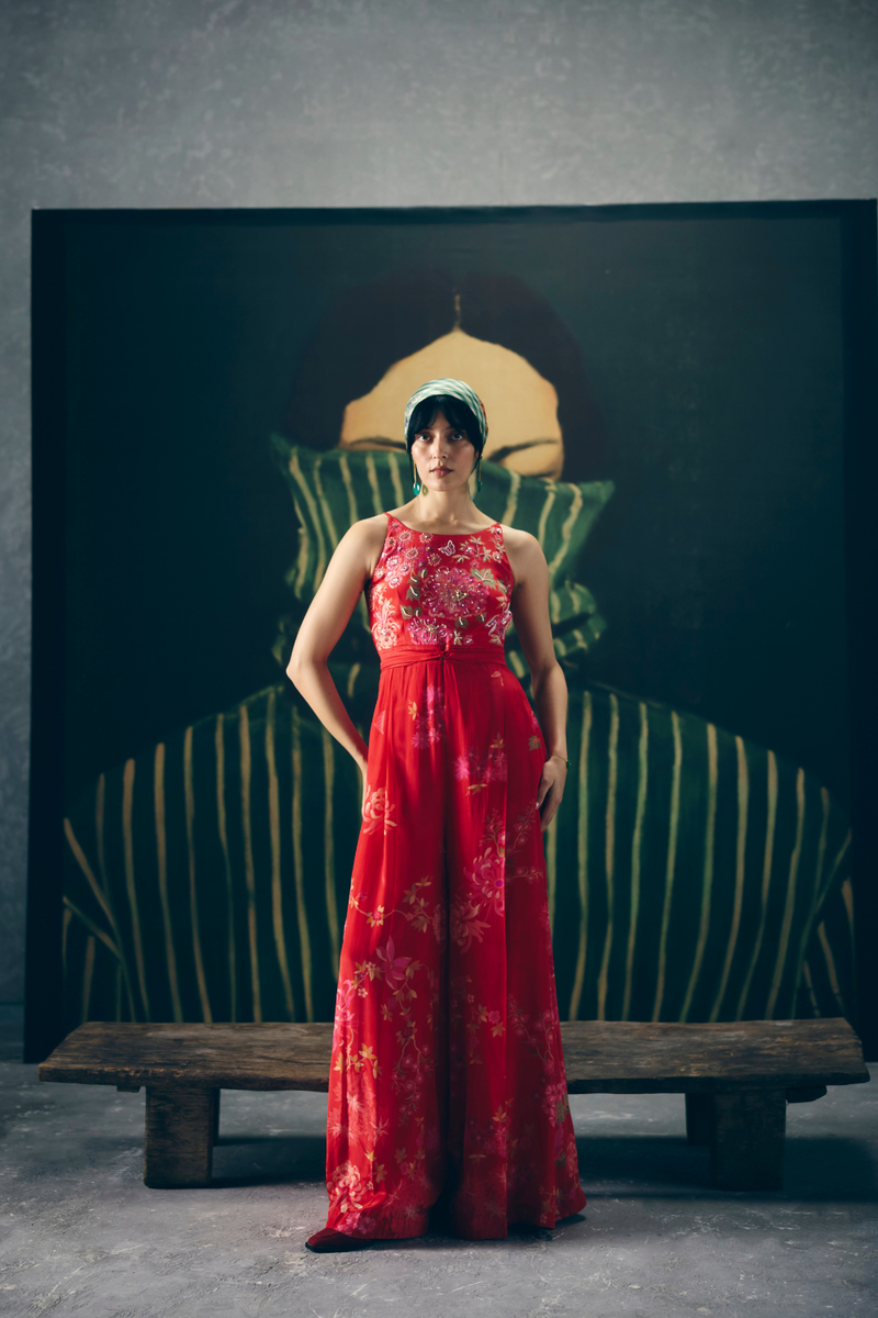 ALAYA JUMPSUIT by Paulmi & Harsh in red color for women Worldwide