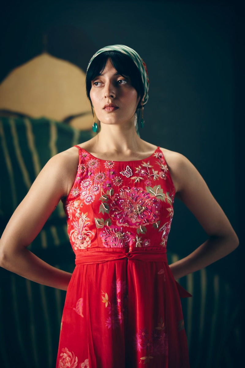 ALAYA JUMPSUIT by Paulmi & Harsh in red color for women Worldwide