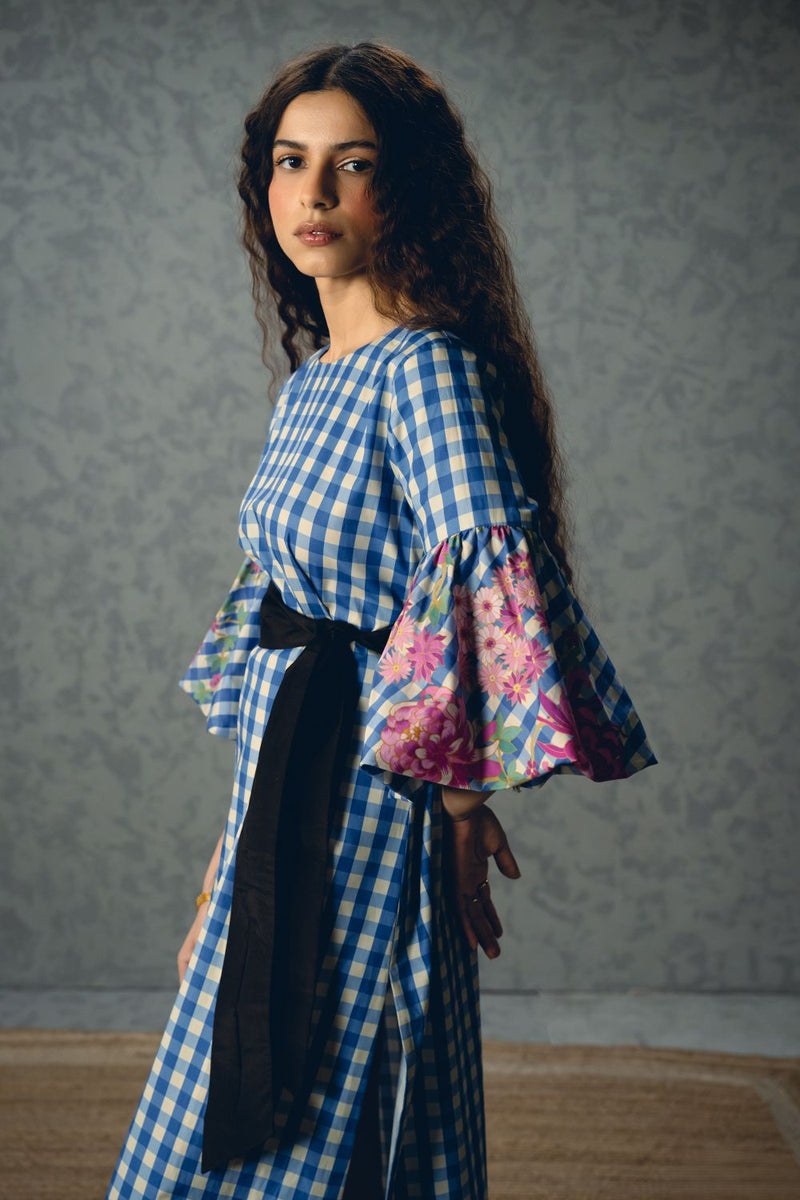YUTORI DRESS poplin by Paulmi & Harsh in blue color for women Worldwide