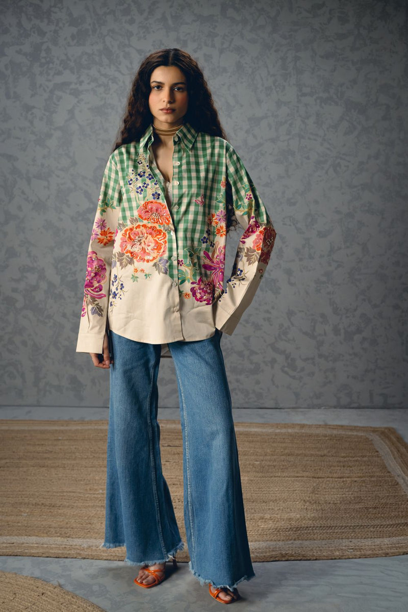 JADE SHIRT- GREEN satin by Paulmi & Harsh in green color for women Worldwide