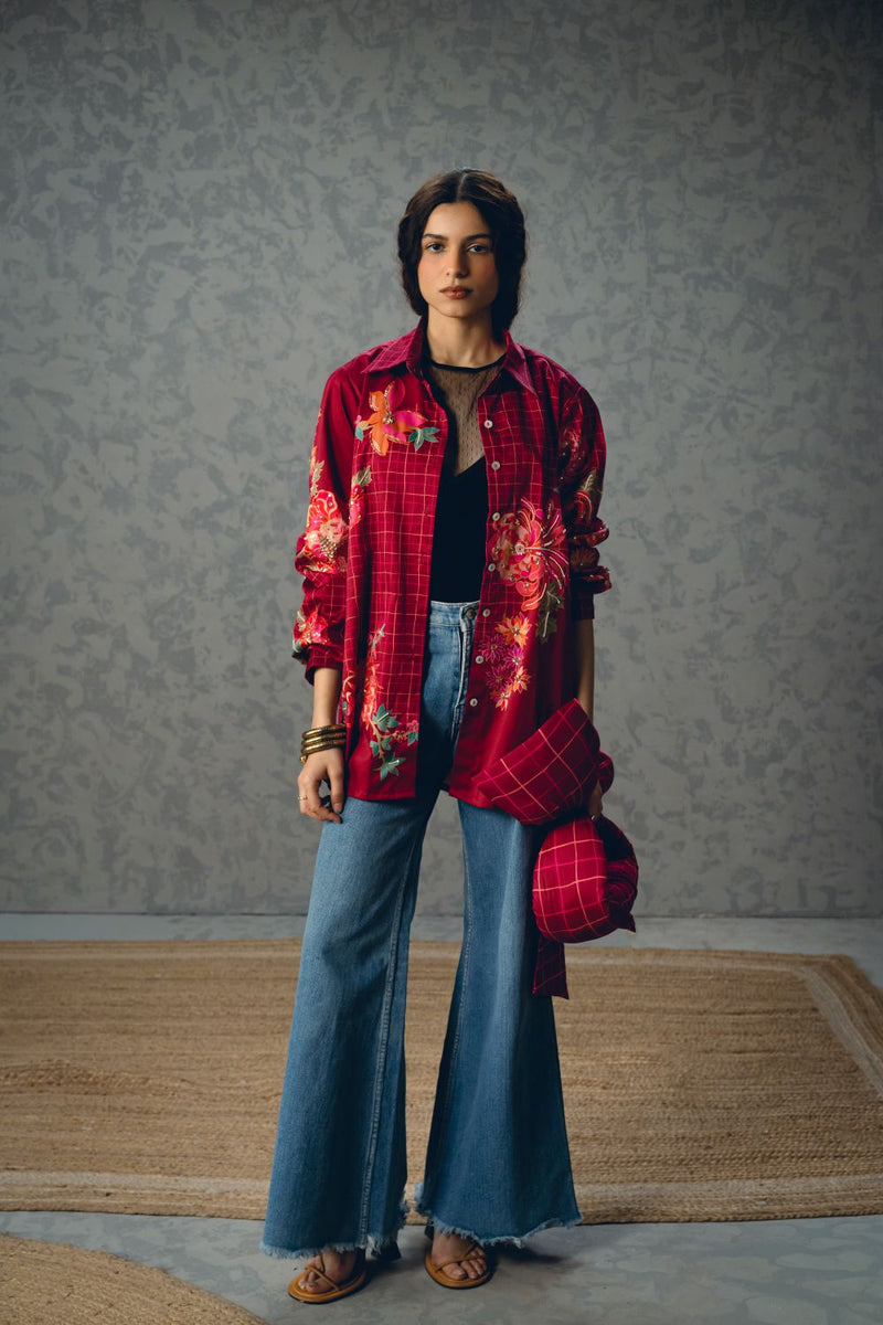 JADE SHIRT- BURGANDY satin by Paulmi & Harsh for women Worldwide