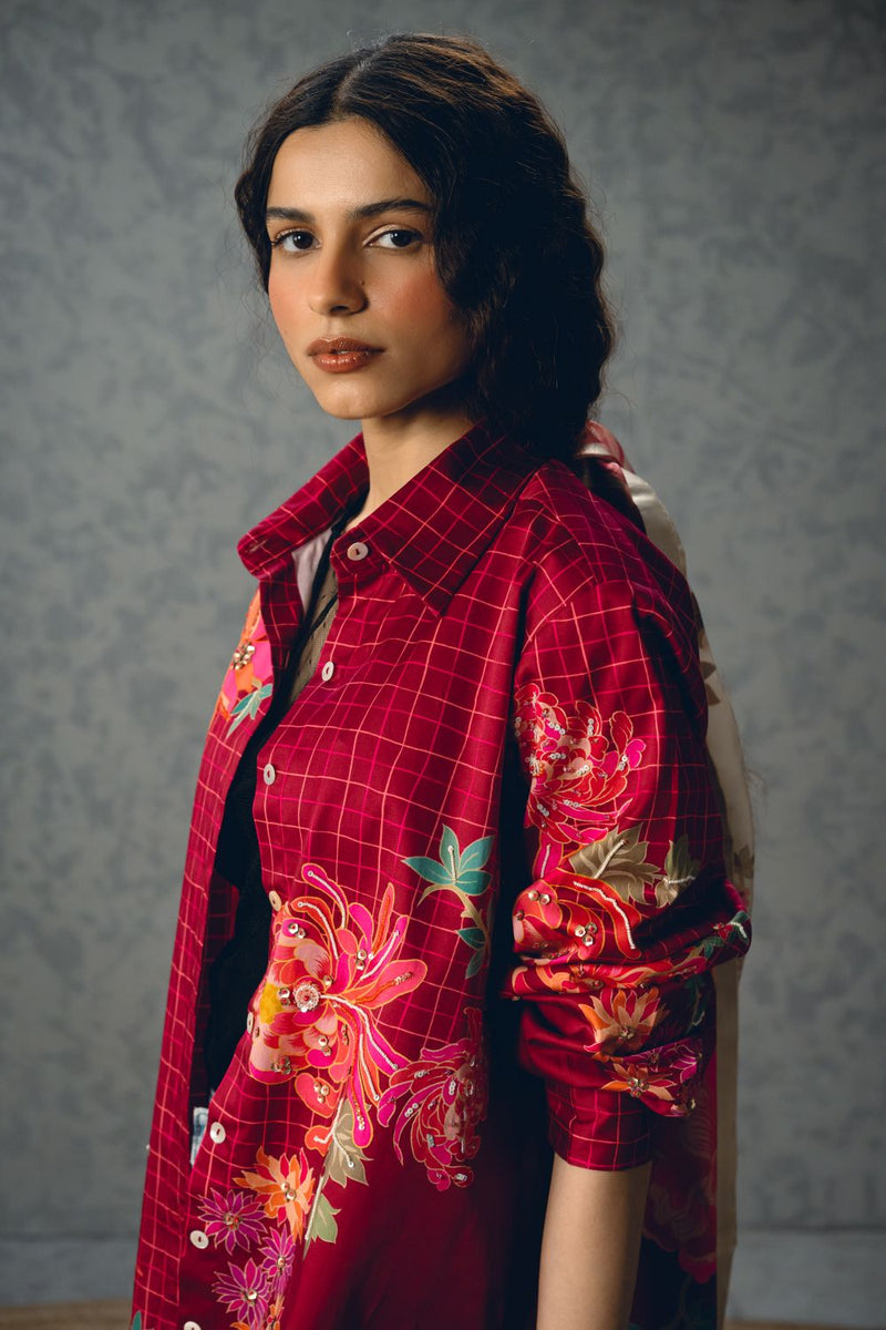 JADE SHIRT- BURGANDY satin by Paulmi & Harsh for women Worldwide