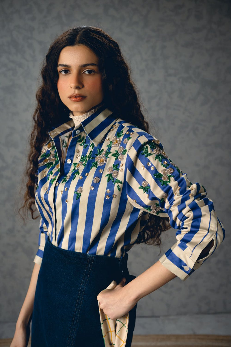 JADE SHIRT- BLUE satin by Paulmi & Harsh in blue color for women Worldwide