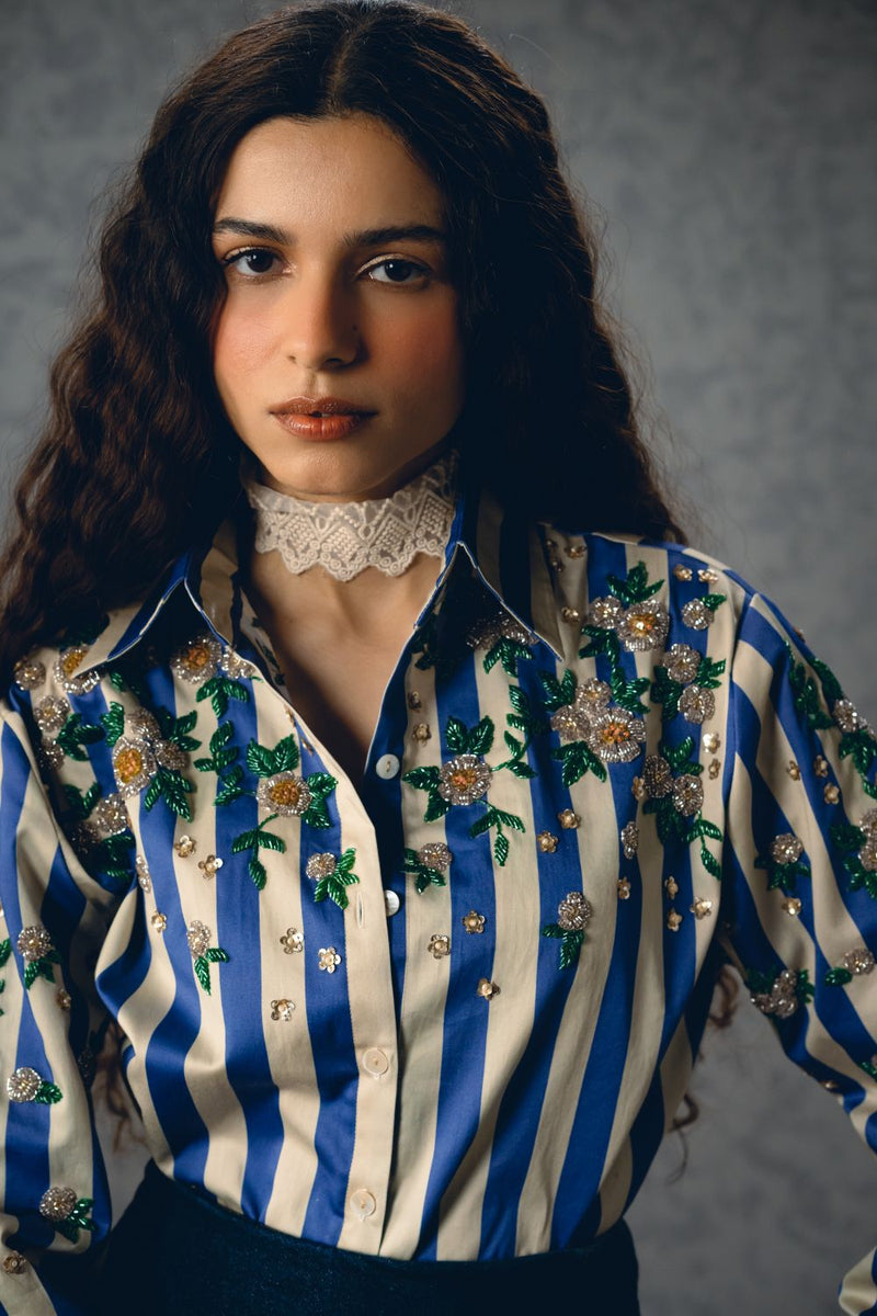 JADE SHIRT- BLUE satin by Paulmi & Harsh in blue color for women Worldwide