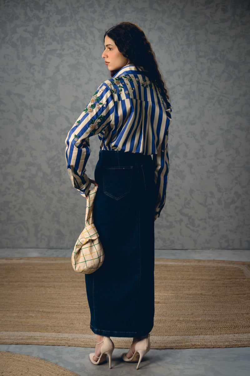 JADE SHIRT- BLUE satin by Paulmi & Harsh in blue color for women Worldwide