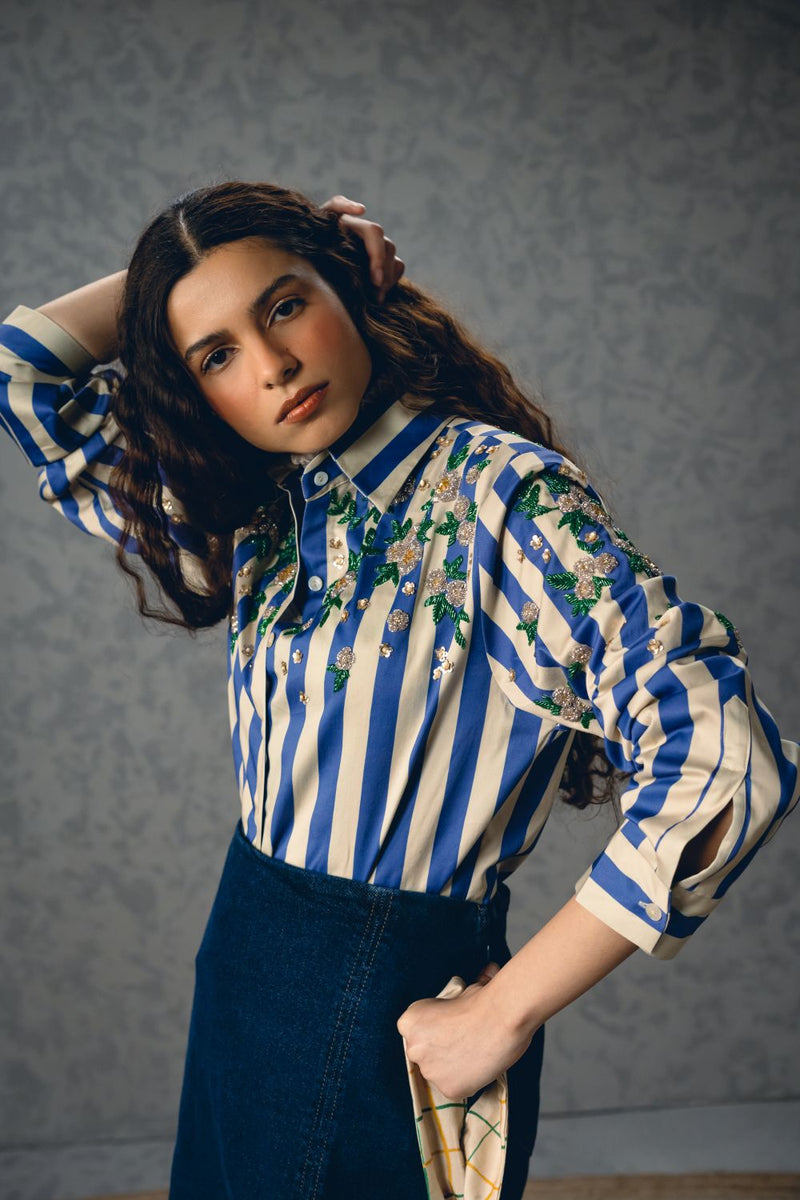 JADE SHIRT- BLUE satin by Paulmi & Harsh in blue color for women Worldwide