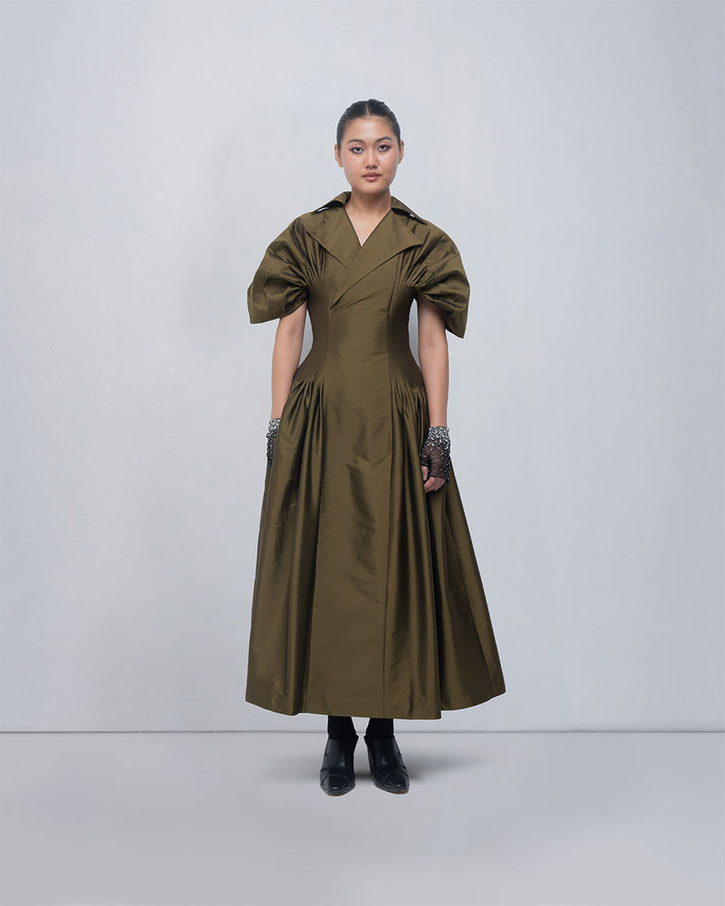 Reina Dress viscose by Leh Studios in olive for women Worldwide