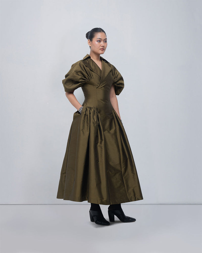 Reina Dress viscose by Leh Studios in olive for women Worldwide