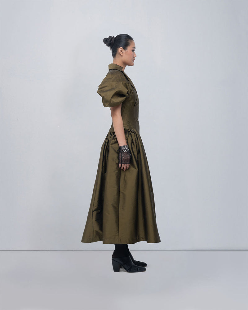 Reina Dress viscose by Leh Studios in olive for women Worldwide