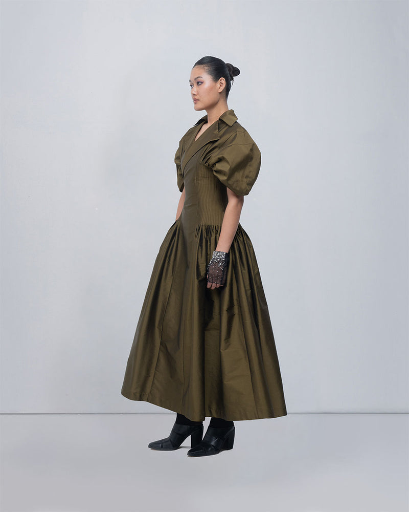 Reina Dress viscose by Leh Studios in olive for women Worldwide