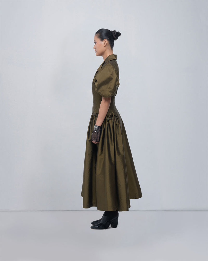 Reina Dress viscose by Leh Studios in olive for women Worldwide