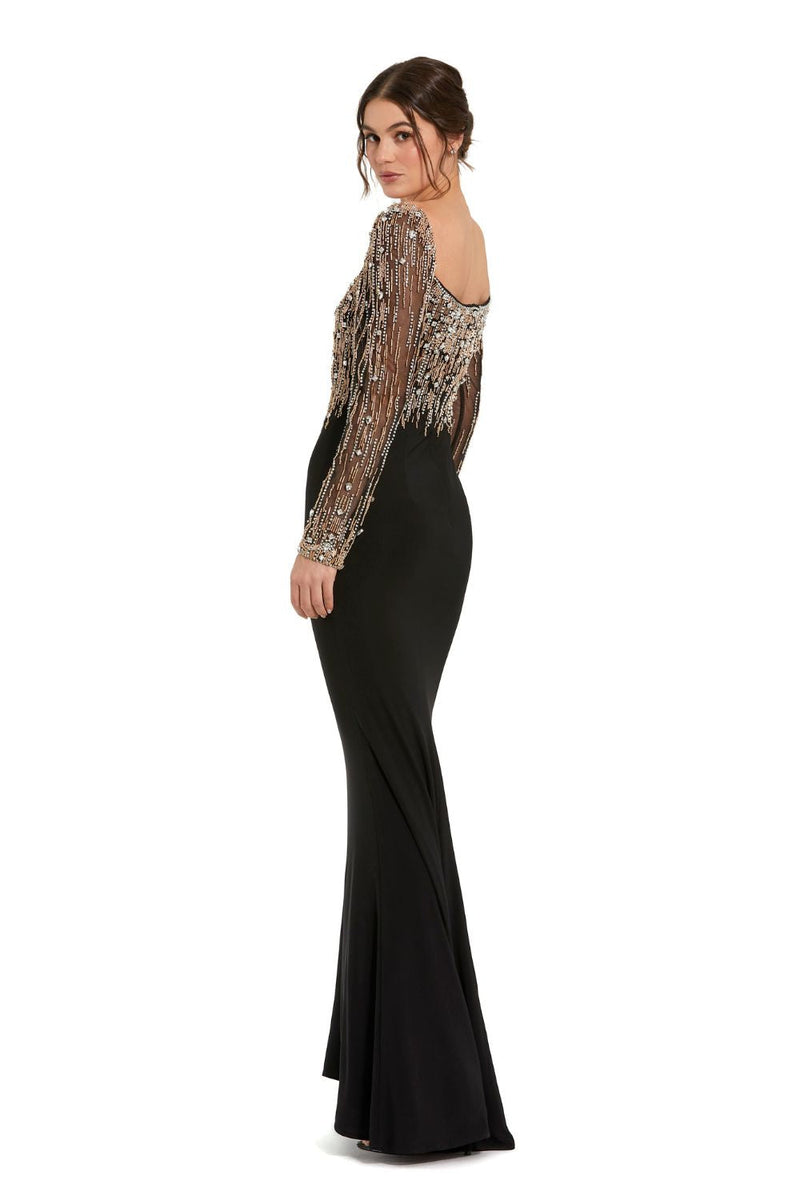 2256-Beaded Square Neck Long Sleeve Jersey Gown by Mac Duggal in black color for women Worldwide