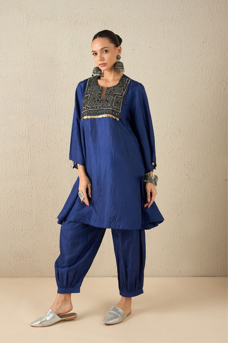 AFGHANI SILK SET - Navy Blue silk by Aavidi in yellow color for women Worldwide