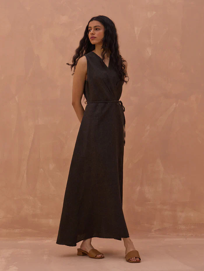 Maya Linen Wrap Dress - Charcoal by Manan in charcoal color for women Worldwide