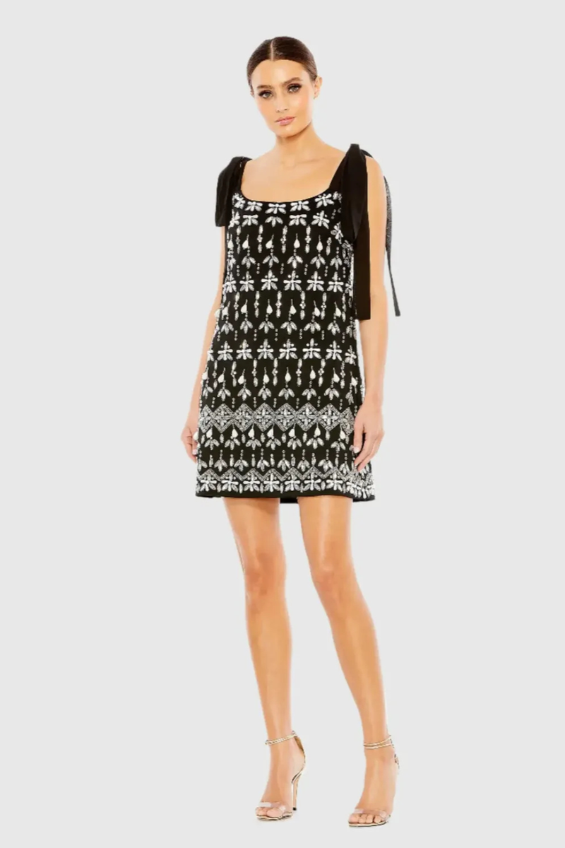 Black Jewel Encrusted Soft Tie Sleeveless Dress by Mac Duggal in black color for women Worldwide