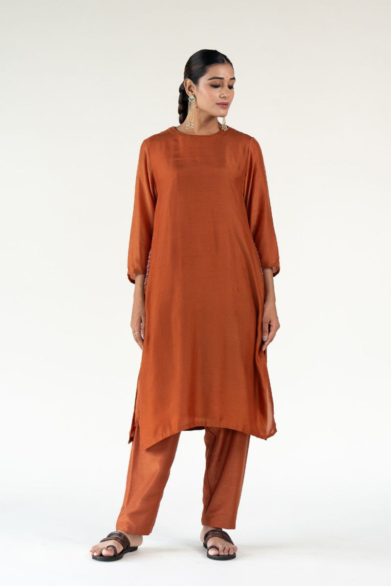 Gulzar Kurta Set-Rust silk by Nirjara in rust color for women Worldwide
