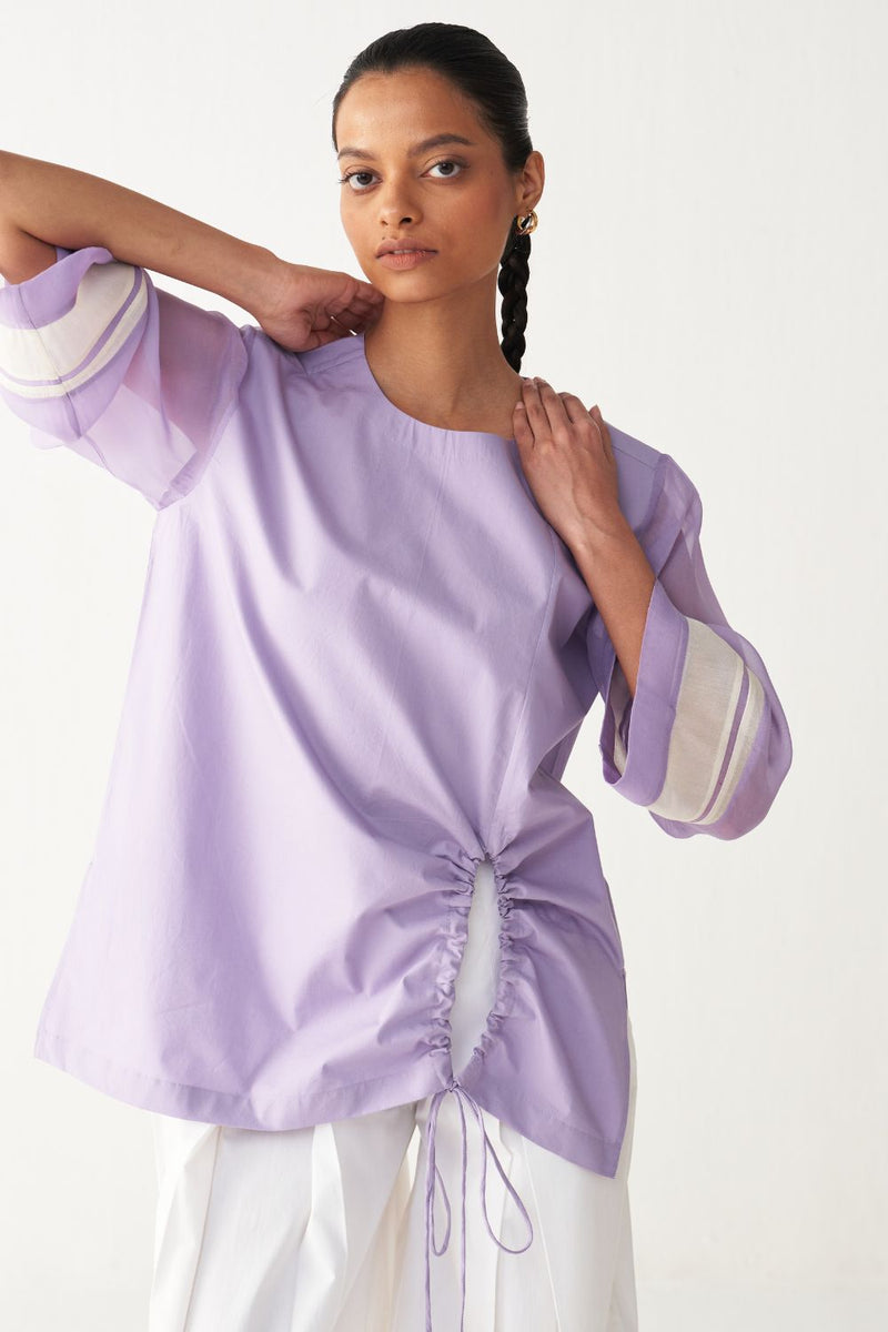 FRONT DRAWSTRING TOP -LAVENDER poplin by THREE for women Worldwide