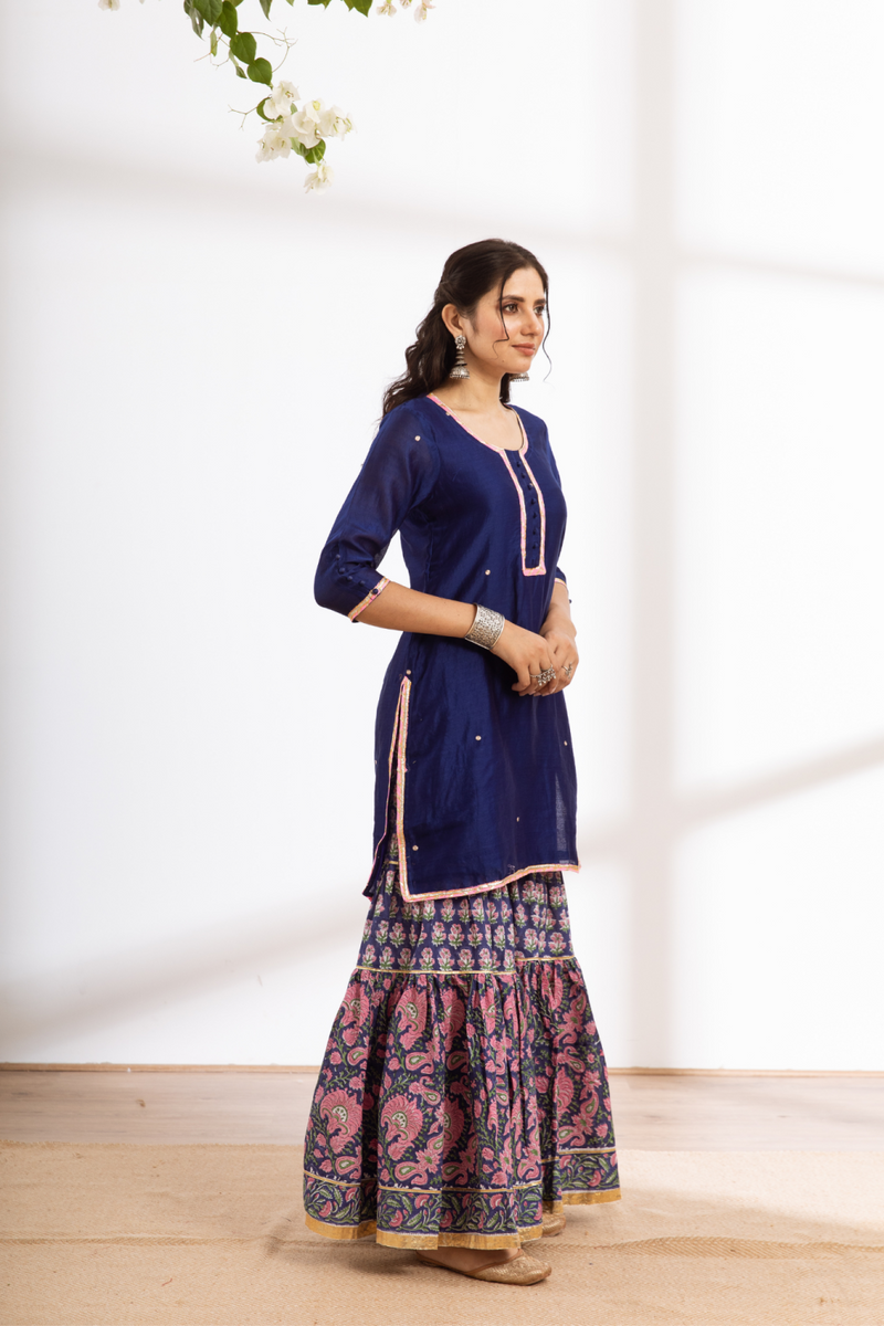Rasika Neela Sharara Set - blue hand block printed chanderi sharara set chanderi by Maison Shefali in blue color for women Worldwide