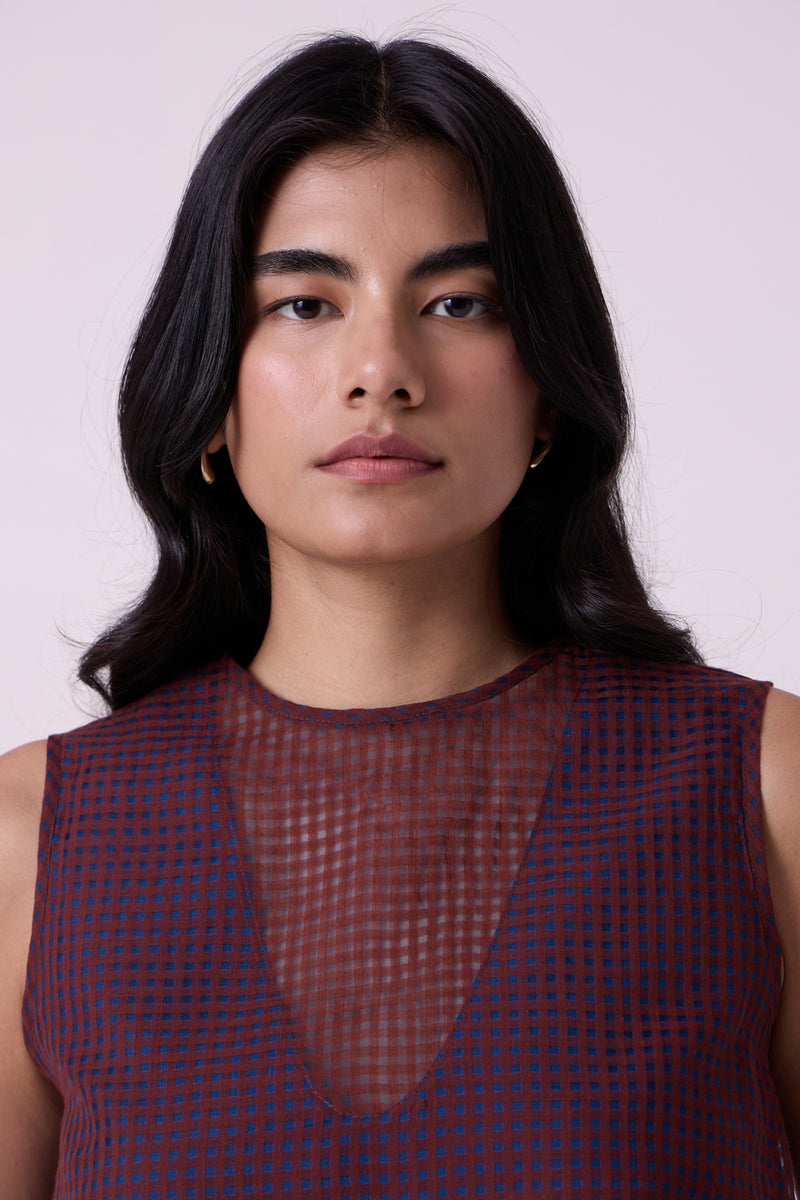 Ori Blue Checkered Handwoven Top handwoven silk cotton top/shirt by The Summer House in blue for women Worldwide