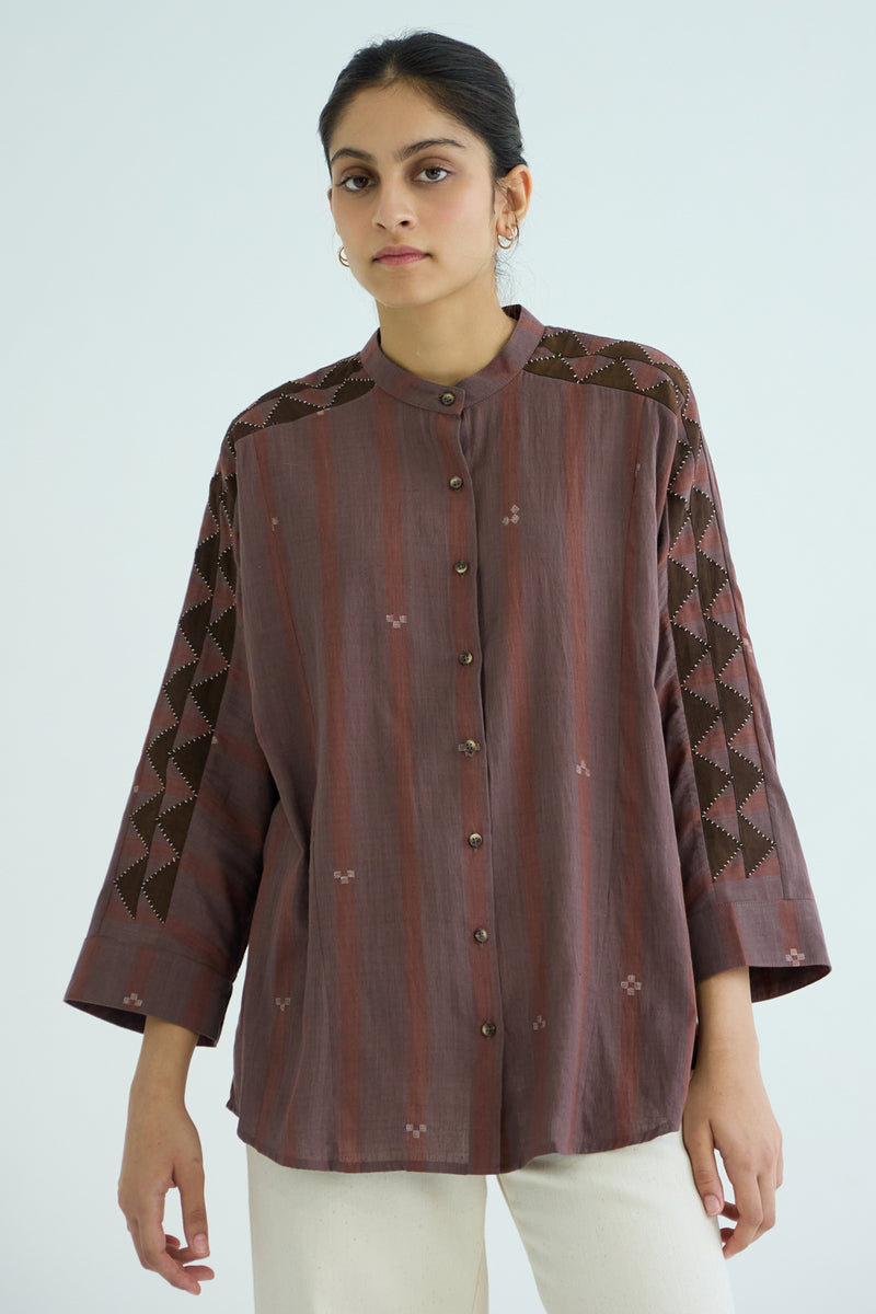 Amer Brown Handwoven Embroidered Top handwoven jamdhani cotton top/shirt by The Summer House in brown for women Worldwide
