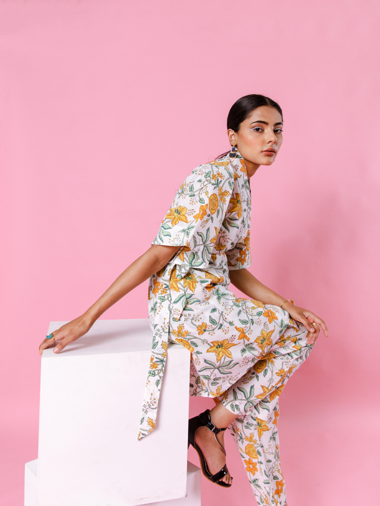 Yellow Dahlia Kimono Co-Ord Co-ord Set by Marche in white color for women Worldwide