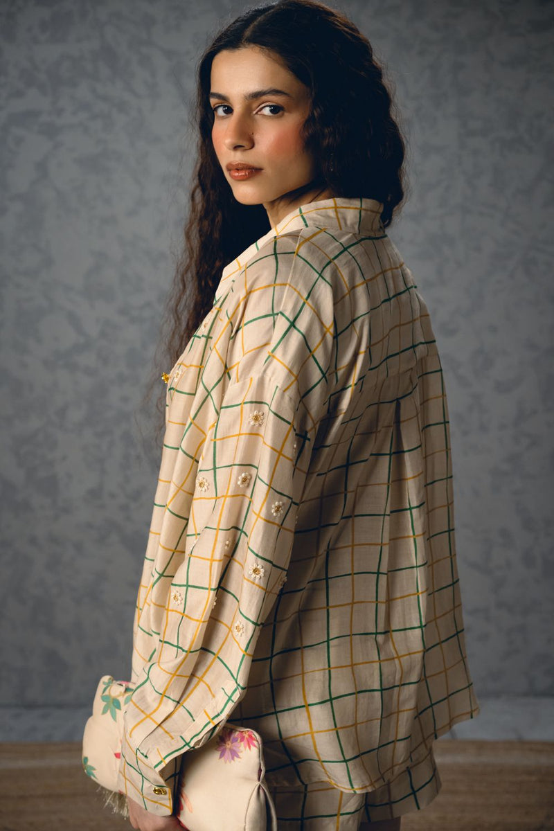 NORI SHIRT SET-IVORY silk by Paulmi & Harsh in ivory color for women Worldwide
