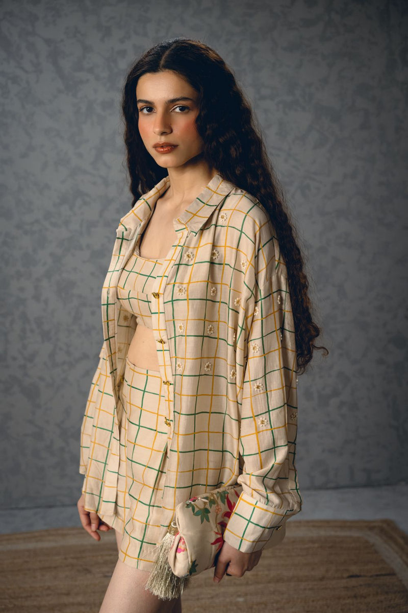 NORI SHIRT SET-IVORY silk by Paulmi & Harsh in ivory color for women Worldwide