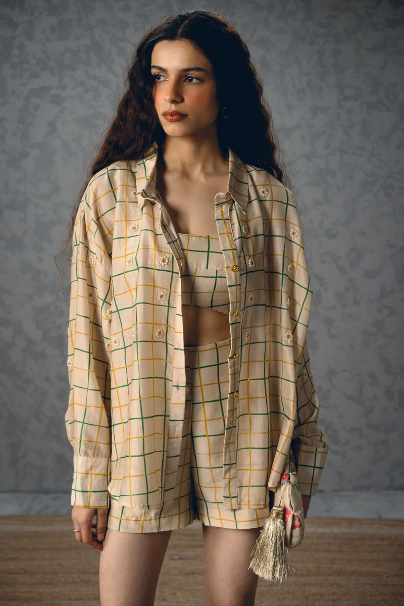 NORI SHIRT SET-IVORY silk by Paulmi & Harsh in ivory color for women Worldwide