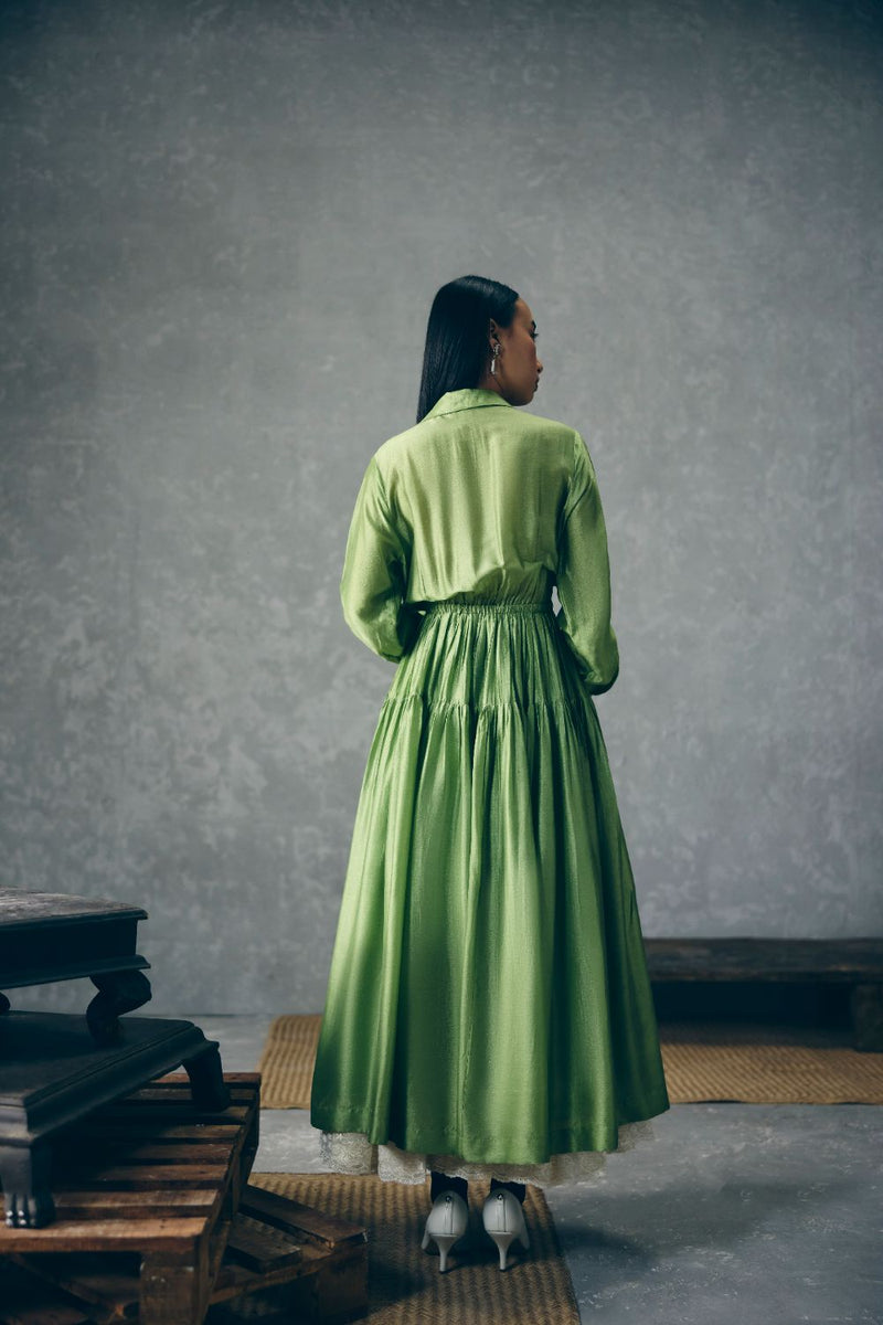 ELINA DRESS - GREEN silk by Paulmi & Harsh in green color for women Worldwide