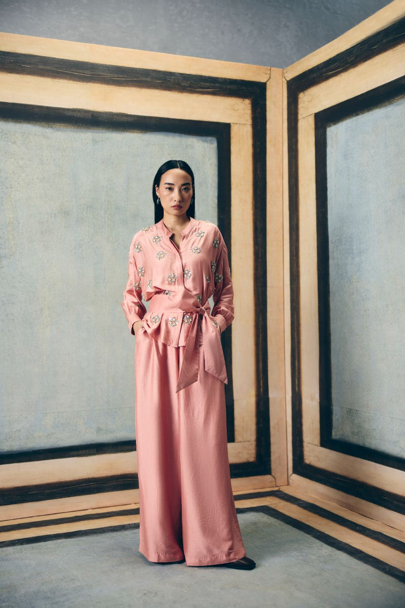 AIMI SHIRT SET silk by Paulmi & Harsh in pink color for women Worldwide